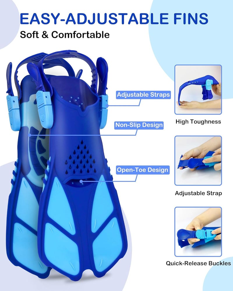 FosDero Kids Snorkel Set Mask Fins-Panoramic Snorkel Mask+Dry Top Snorkel+Adjustable Swim Fins+Mesh Bag+Earplugs for Boys Girls, Junior Snorkeling Gear for Kids Ages 5-14 - Image 5